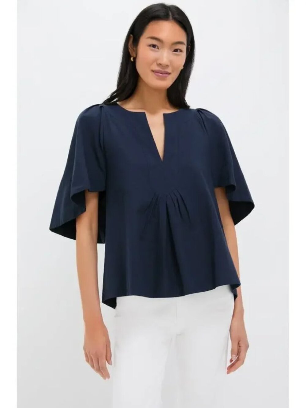 Pomander Place Finley Flutter Sleeve Top Short Sleeve V Neck Shirt Navy Blue XS